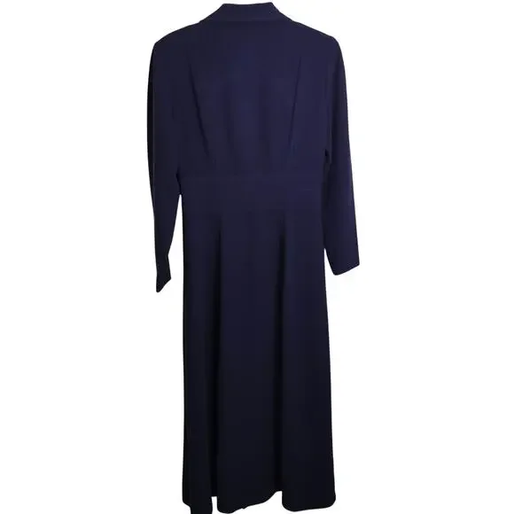 5066)Vtg David Warren Old Money Navy Button Up Size 8 Long Sleeve Maxi Dress - Picture 5 of 10